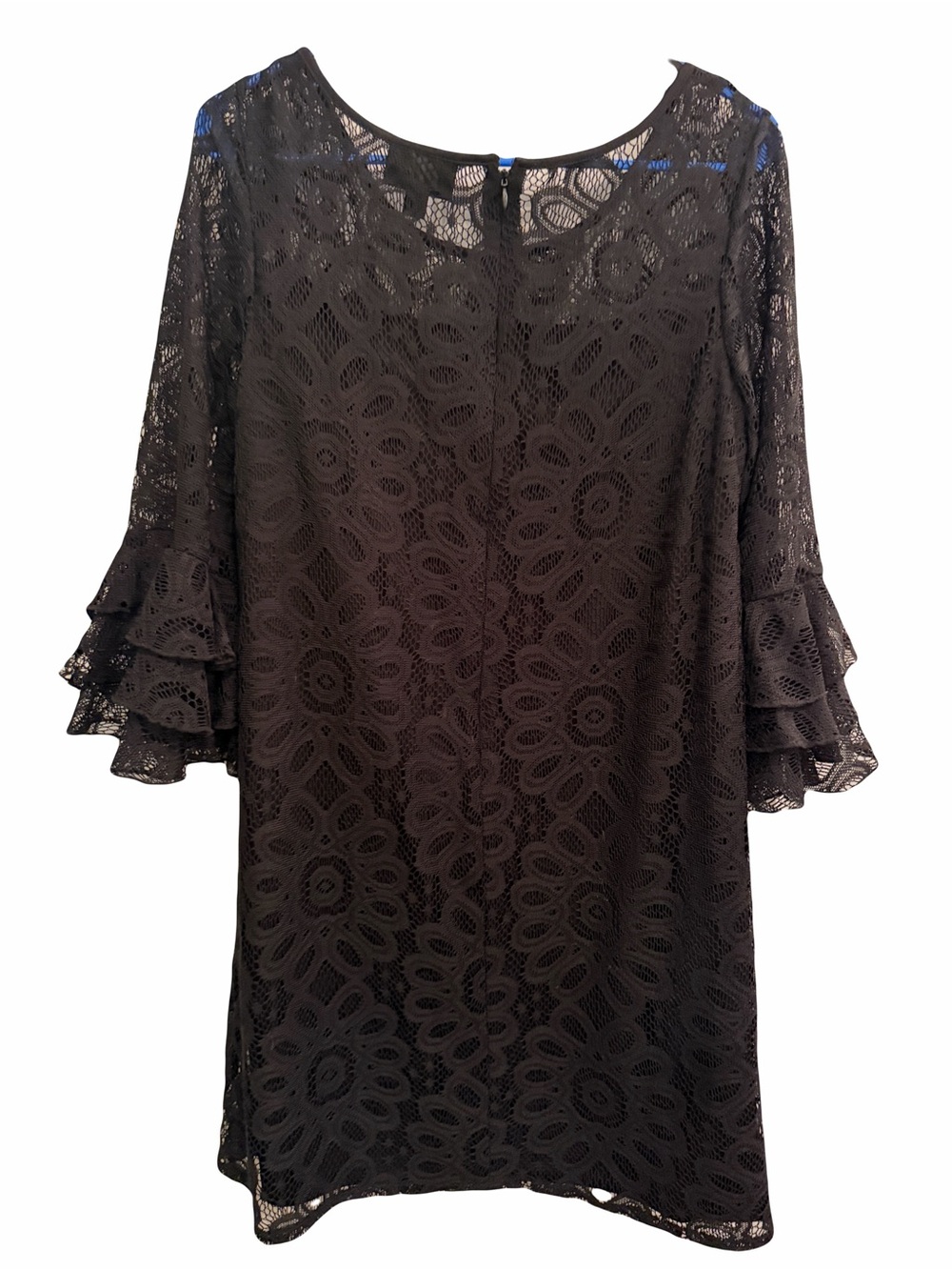 R&K Black Floral Lace Shift Dress with Tiered Bell Sleeves